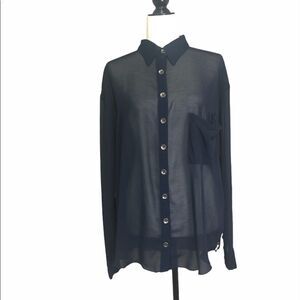 One Teaspoon Sheer Navy Button Down Long Sleeve
